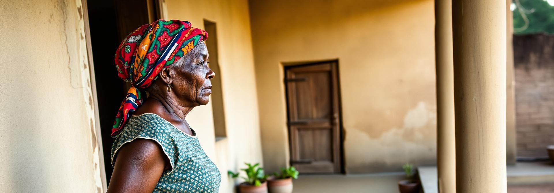 An elderly African woman in a vibrant headscarf on the veranda of a community centre