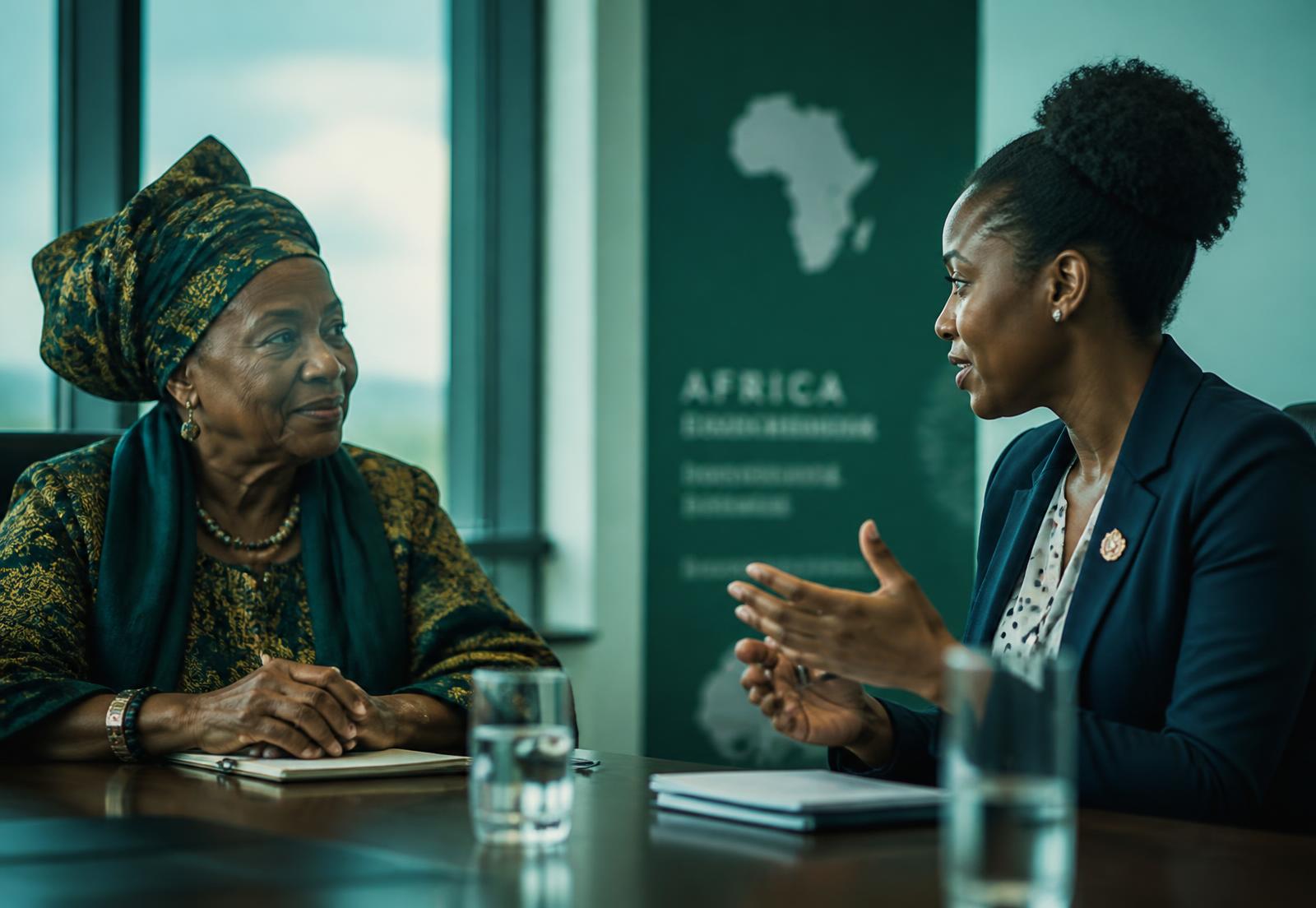 An older African woman in conversation with a younger policy professional